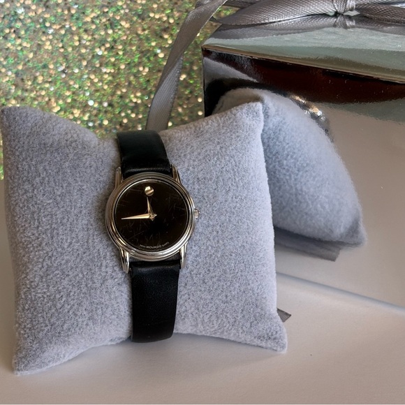 Authentic Movado Swiss Quartz Museum Classic Black Leather Silver Women’s Watch - Picture 2 of 11